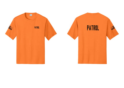 NYC Factory Patrol Performance T-Shirt (Classic) - Chest + Back + US Flag Sleeve - Neon Orange