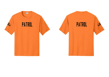 NYC Factory Patrol Performance T-Shirt (Classic) - Front + Back + US Flag Sleeve - Neon Orange
