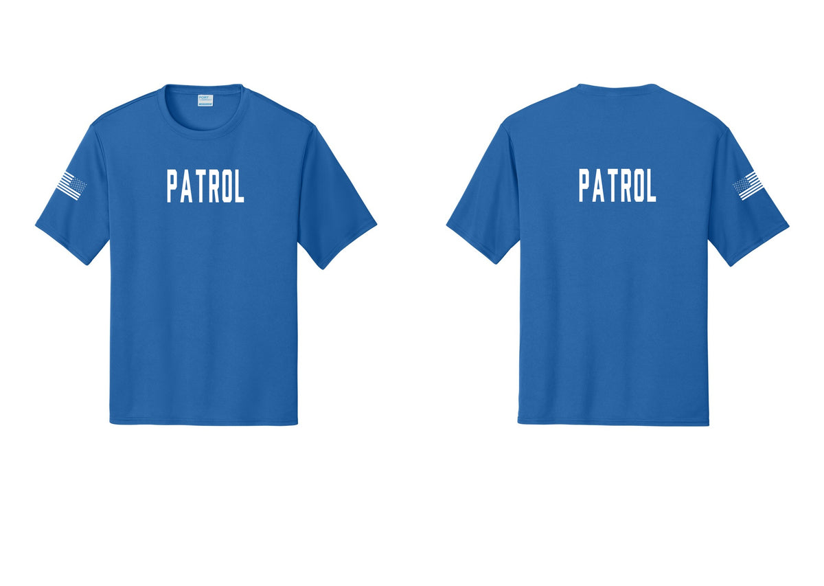 NYC Factory Patrol Performance T-Shirt (Classic) - Front + Back + US Flag Sleeve - Royal