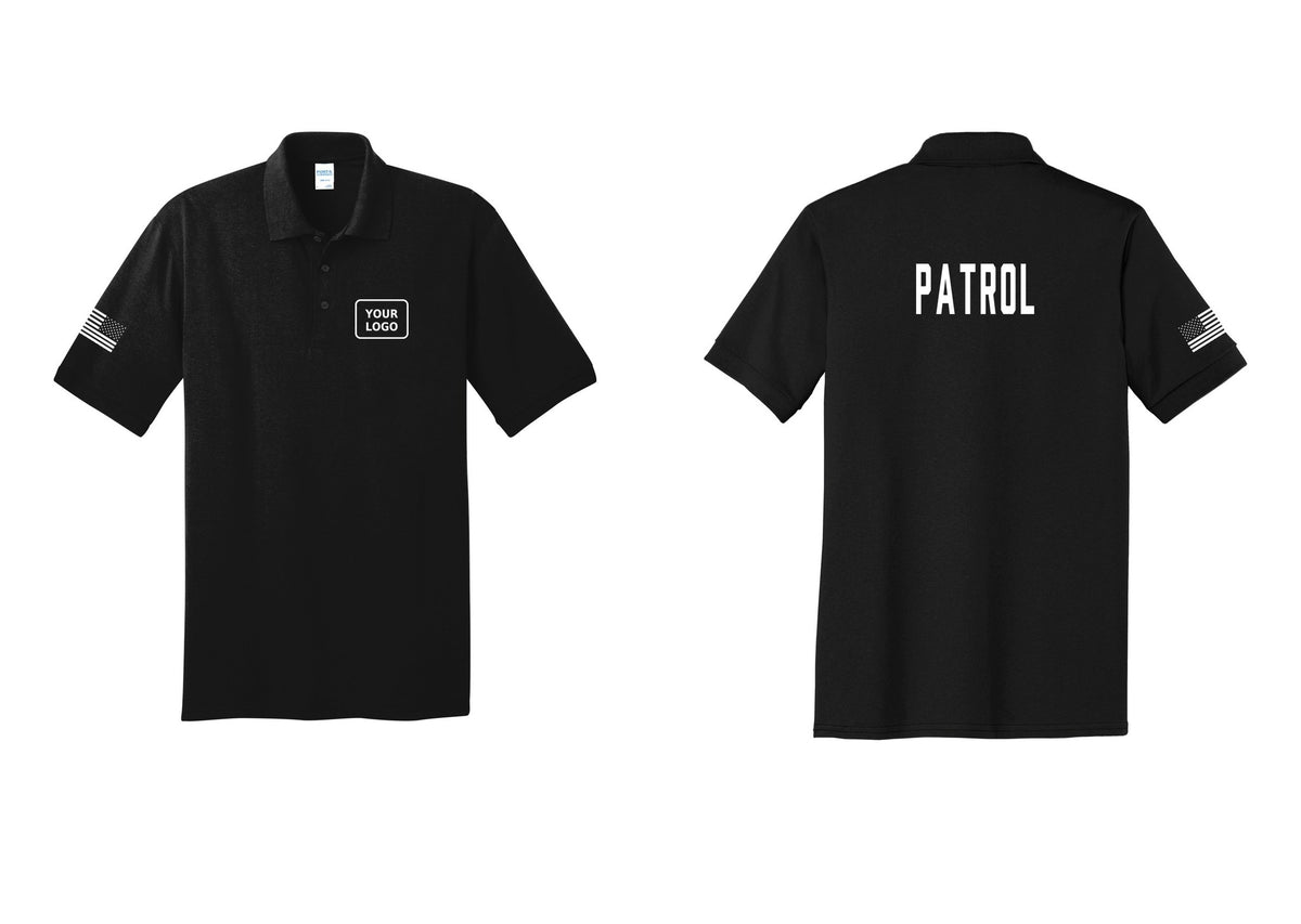 NYC Factory Custom Logo Patrol Polo Shirt (Classic) - Your Logo + Back + US Flag Sleeve - Black
