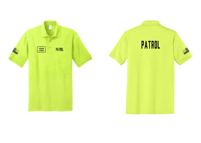 NYC Factory Custom Logo Patrol Polo Shirt (Classic) - PATROL + Your Logo + Back + US Flag Sleeve - Safety Green