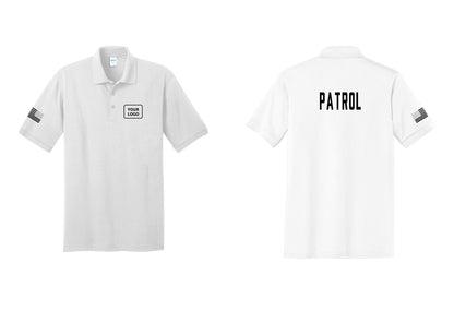 NYC Factory Custom Logo Patrol Polo Shirt (Classic) - Your Logo + Back + US Flag Sleeve - White