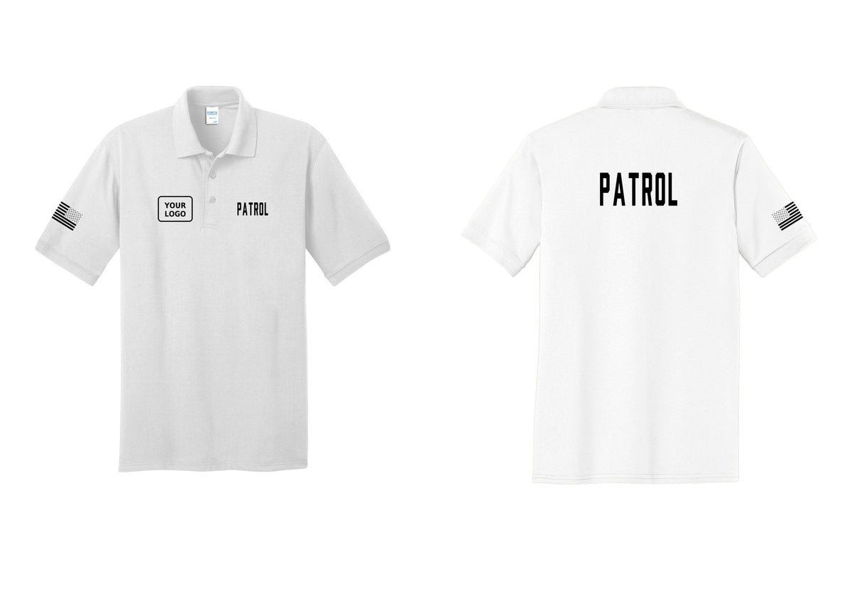 NYC Factory Custom Logo Patrol Polo Shirt (Classic) - PATROL + Your Logo + Back + US Flag Sleeve - White