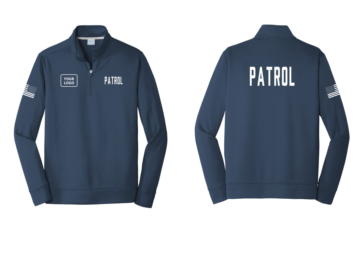 NYC Factory Custom Logo Patrol Performance Fleece 1/4-Zip Pullover Sweatshirt (Classic) - PATROL + Your Logo + Back + US Flag Sleeve - Navy