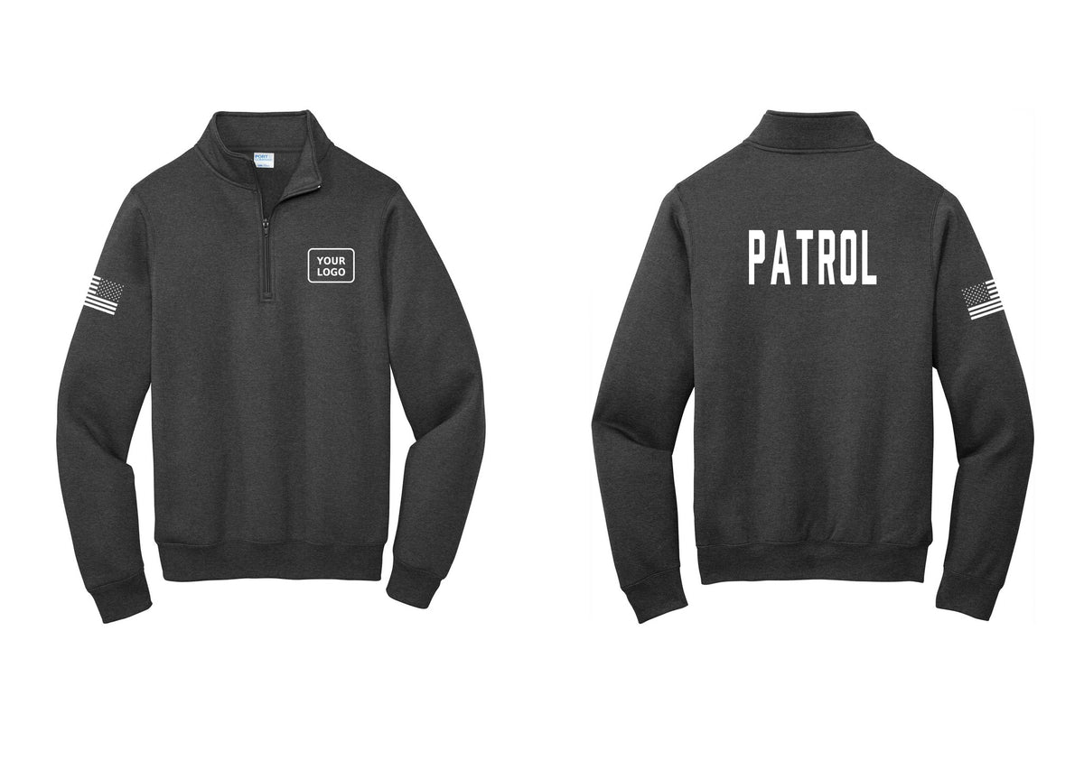 NYC Factory Custom Logo Patrol Cotton Fleece 1/4-Zip Pullover Sweatshirt (Classic) - Your Logo + Back + US Flag Sleeve - Dark Heather Grey