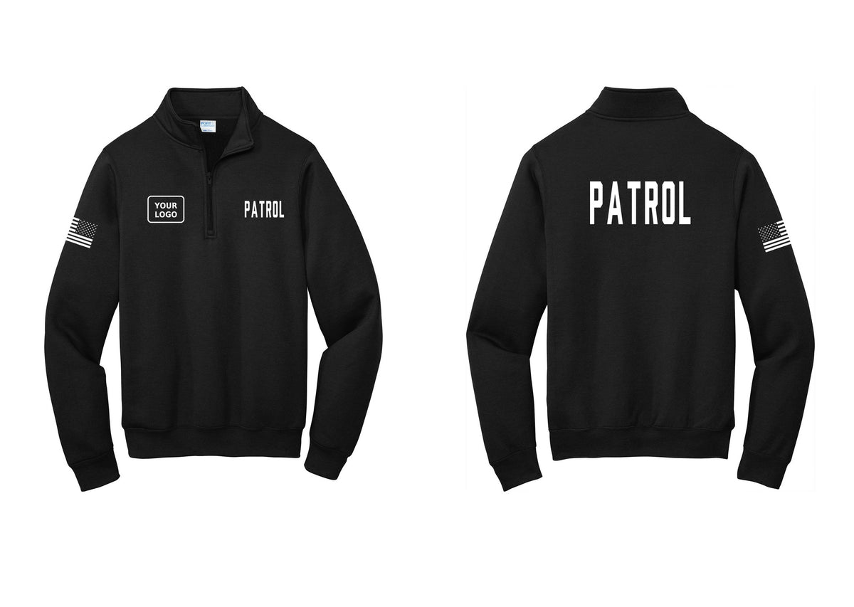 NYC Factory Custom Logo Patrol Cotton Fleece 1/4-Zip Pullover Sweatshirt (Classic) - PATROL + Your Logo + Back + US Flag Sleeve - Black