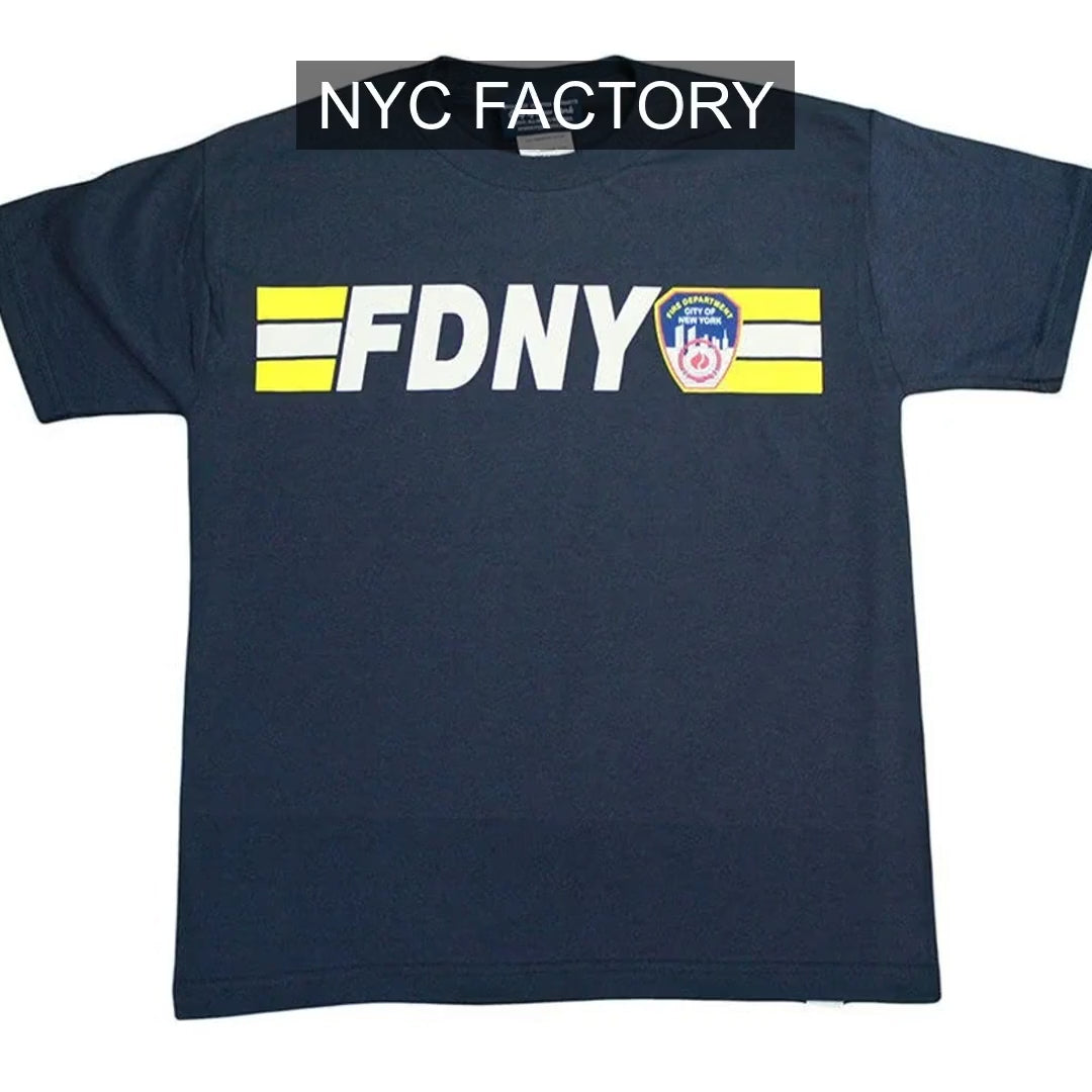 T-shirt FDNY pour enfants (badge avant et design arrière de 200 pieds, bleu marine)