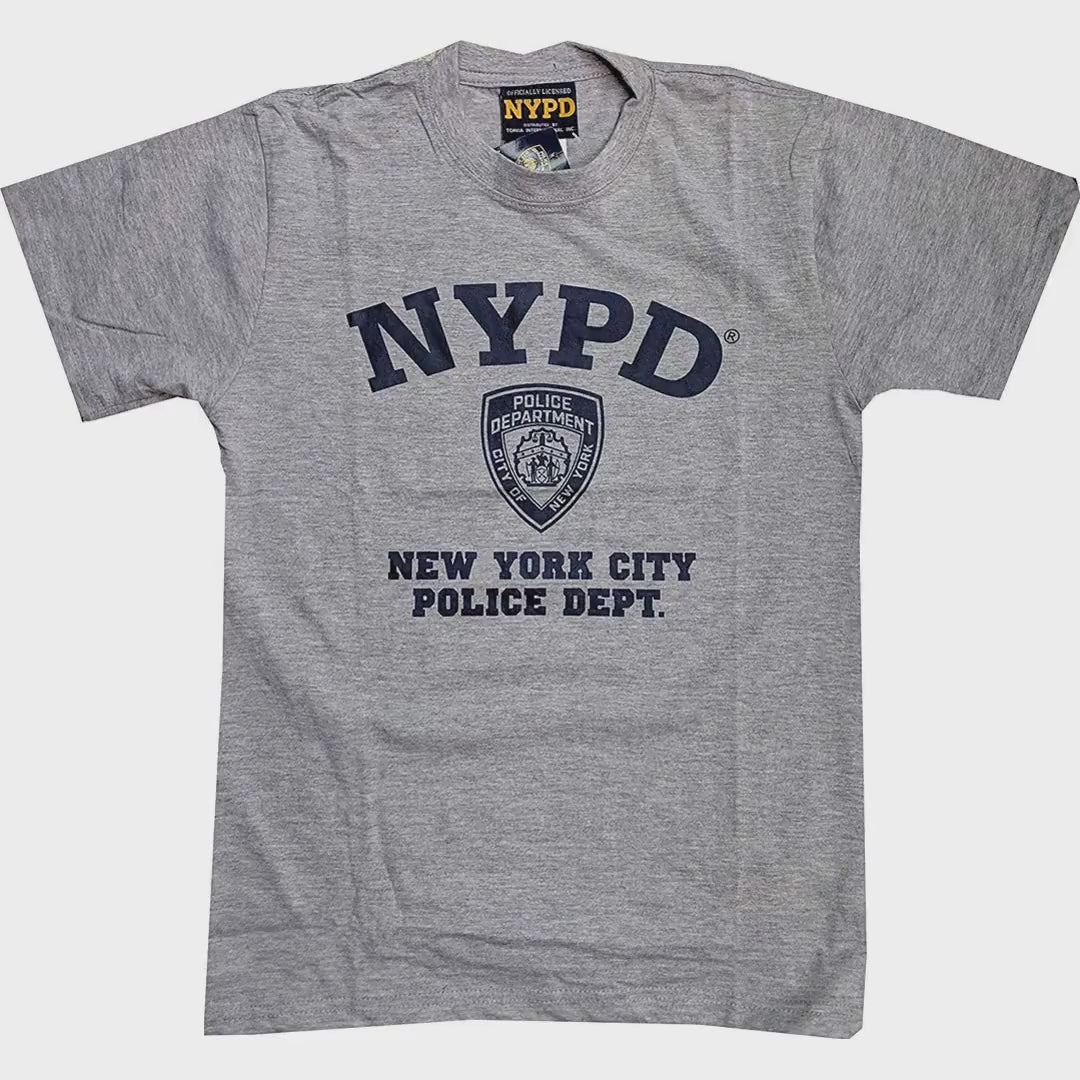 Charger la vidéo: T-shirt officiel NYPD pour enfants Tailles jeunes (gris, imprimé bleu marine)