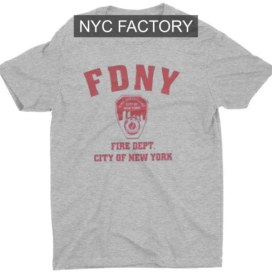 Video laden: FDNY Kurzarm-T-Shirt mit rotem Fire Dept-Logo und Schild, grau
