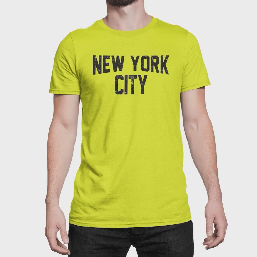 New York City Unisex T-Shirt Distressed Lennon T-Shirt mit Siebdruck in Neongelb