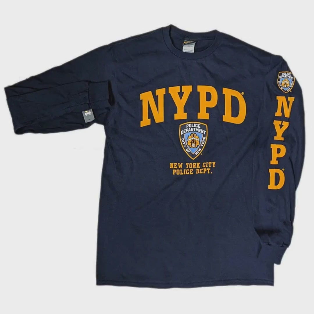 Charger la vidéo: T-shirt pour enfants NYPD (manches longues, bleu marine/jaune, taille jeune)