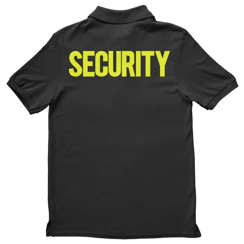 Mens Security Polo Shirt Front Back Print (Solid, Black / Neon)