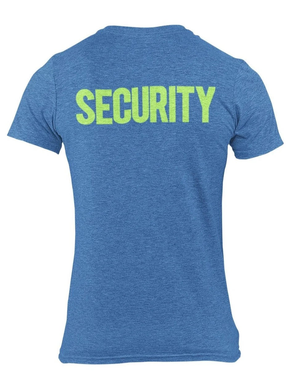 Security T-Shirt Front Back Print Men's Tee (Solid Design, Heather Blue / Neon)