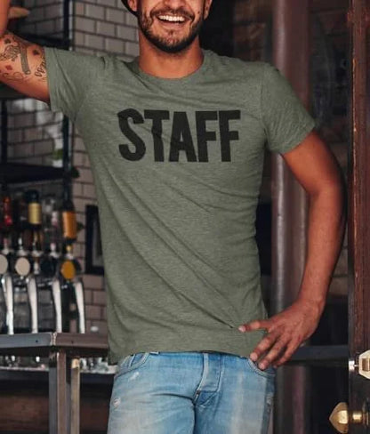 Men's Staff T-Shirt Front Back Screen Print Tee (BB, Heather Military Green)