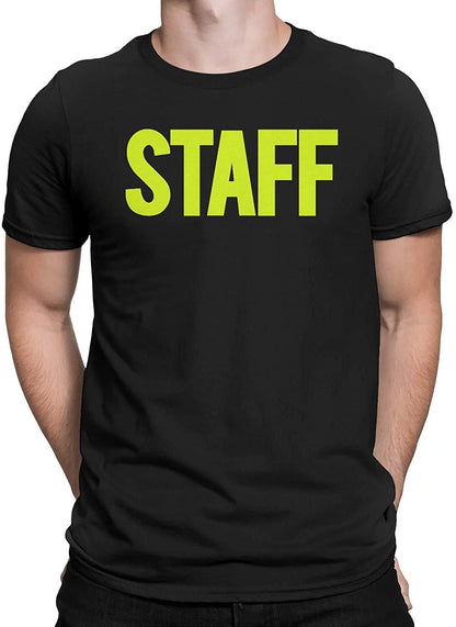 Men's Staff T-Shirt Front Back Screen Print Tee (BB, Black & Neon)