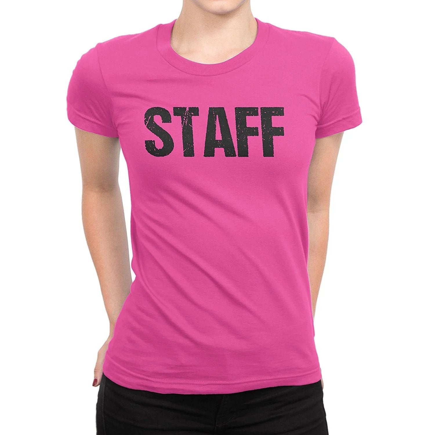 Staff Ladies Short Sleeve T-Shirt (Distressed Design, Pink & Black)