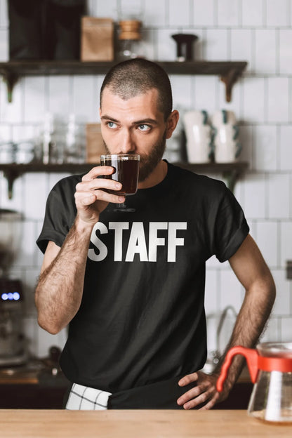 Men's Staff T-Shirt Front Back Screen Print Tee (Black & White)