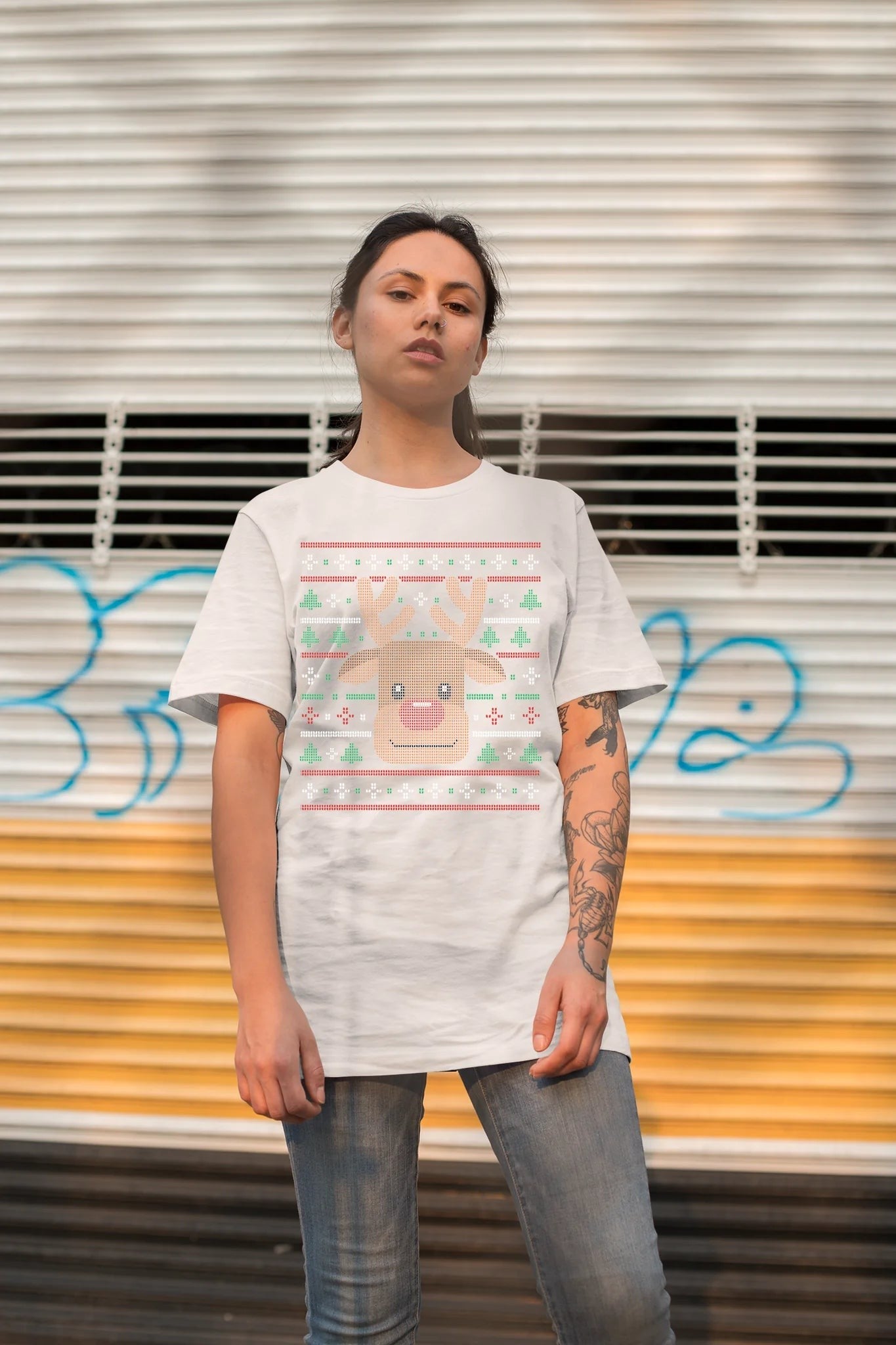 Ugly Xmas Reindeer Design Custom T-Shirt White