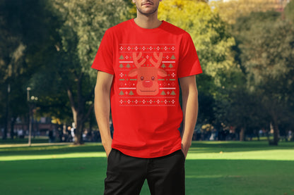 Ugly Xmas Reindeer Design Custom T-Shirt Red