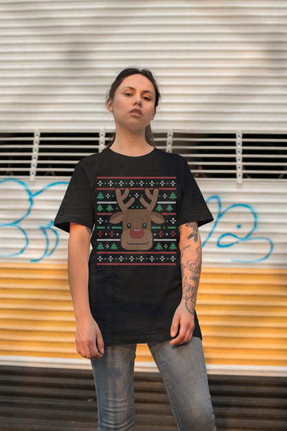 Ugly Xmas Reindeer Design Custom T-Shirt Black