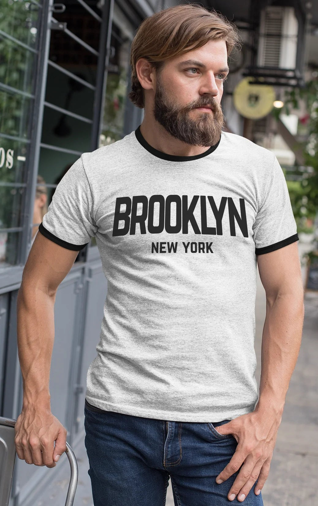 Brooklyn New York Retro Design Custom Mens Ringer T-Shirt Customized Tee White/Black