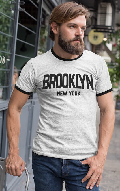 Brooklyn New York Retro Design Custom Mens Ringer T-Shirt Customized Tee White/Black