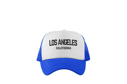 Los Angeles California Retro Black Design Trucker Baseball Hat White/Royal