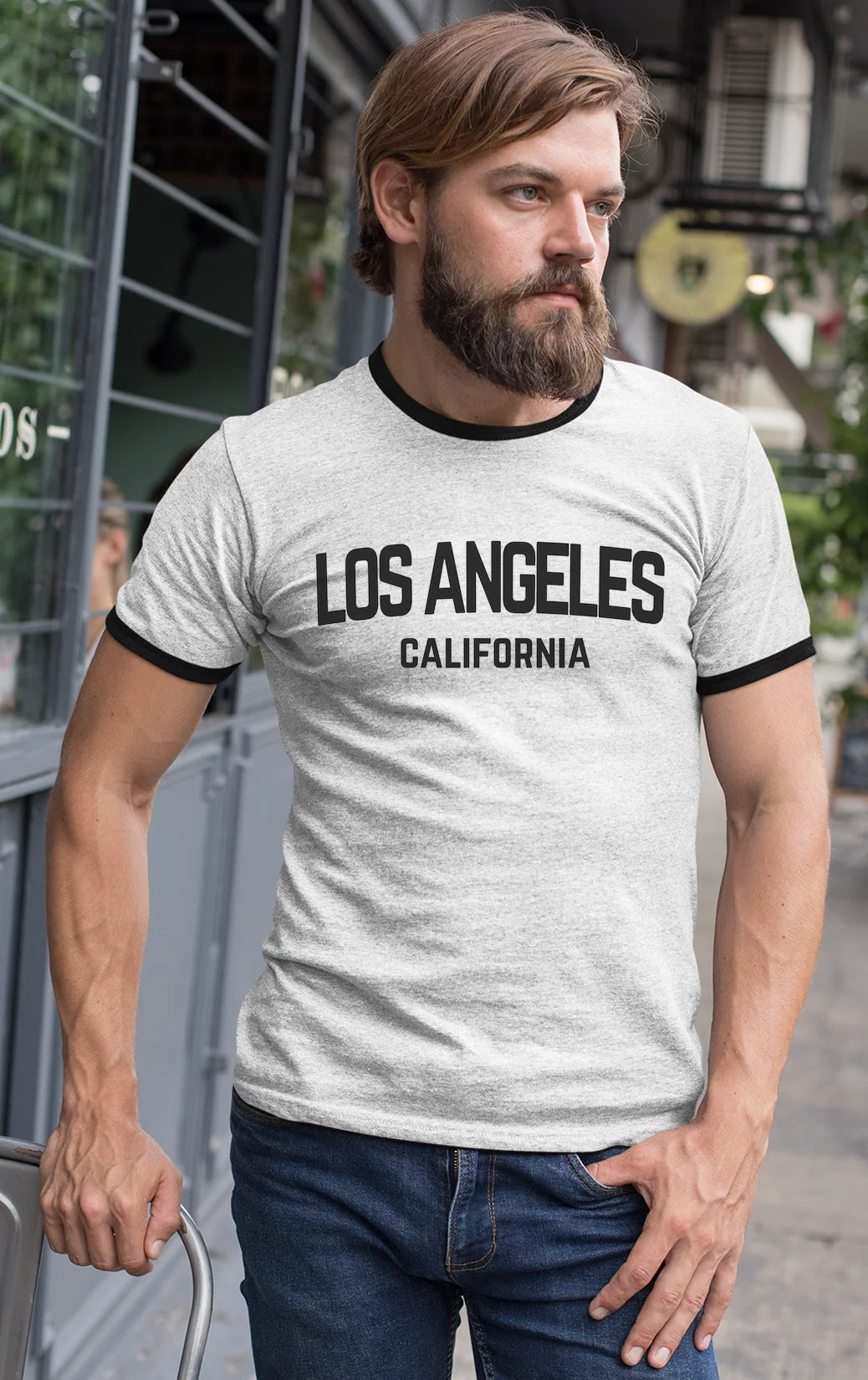 Los Angeles California Retro Black Design Custom Mens Ringer T-Shirt Customized Tee White/Black