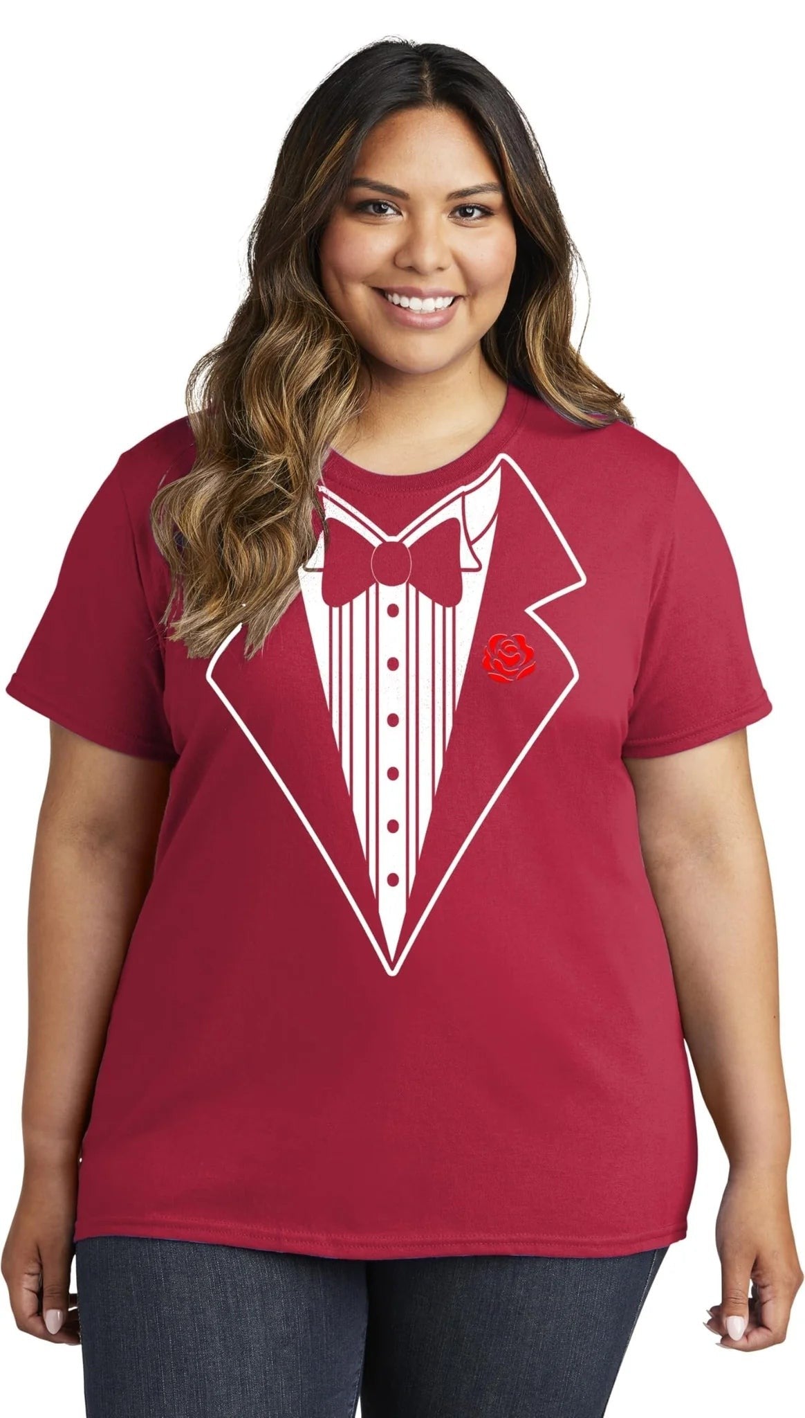Ladies Faux Tuxedo T-Shirt (Red & Rose)