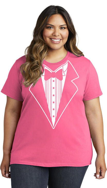 Ladies Faux Tuxedo T-Shirt (Hot Pink, Bowtie)