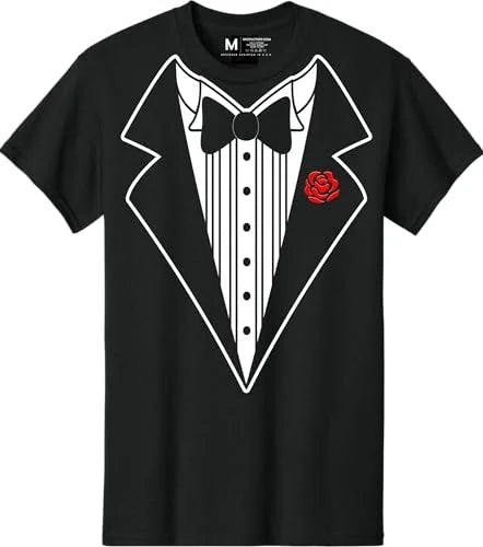 Men's Funny Tuxedo T-Shirt  (Black, Bowtie & Rose)