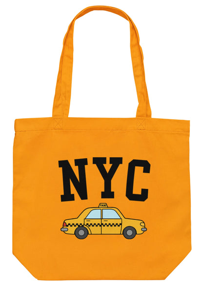 Gold Jumbo tote bag with 'NYC' and taxi illustration on a white background