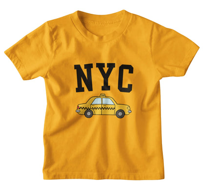 Yellow kids t-shirt with 'NYC' and taxi graphic on a white background