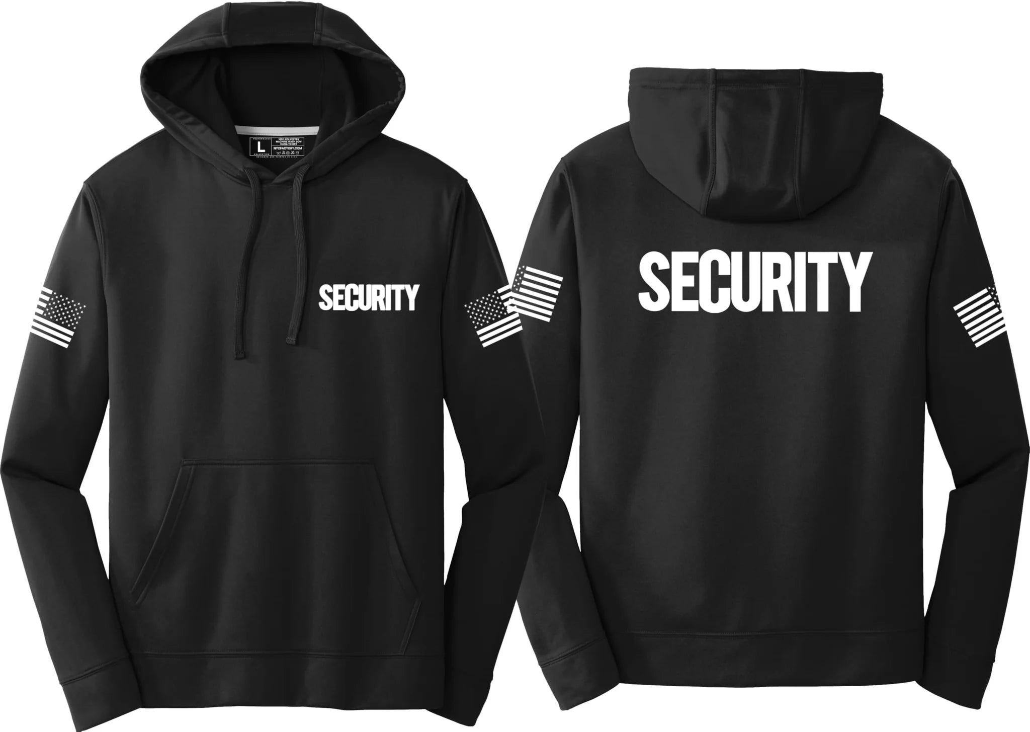 Black hoodie with 'SECURITY' text on front and back, USA Flag on sleeves.