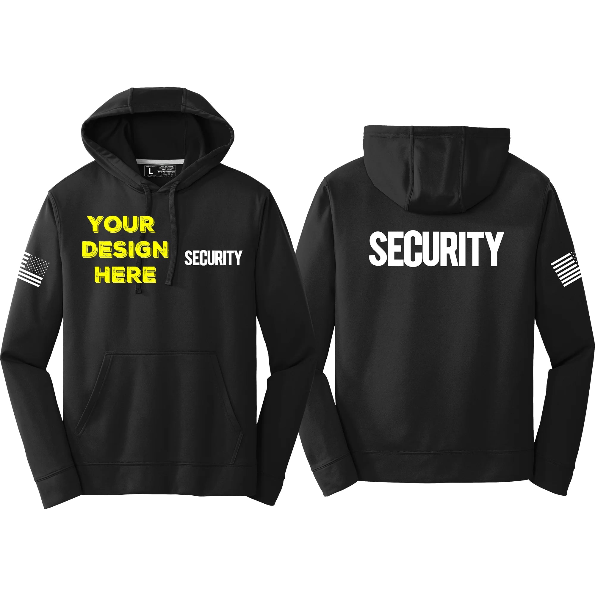 Black hoodie with SECURITY on front and back, USA Flag Sleeve. Custom left chest print option. 