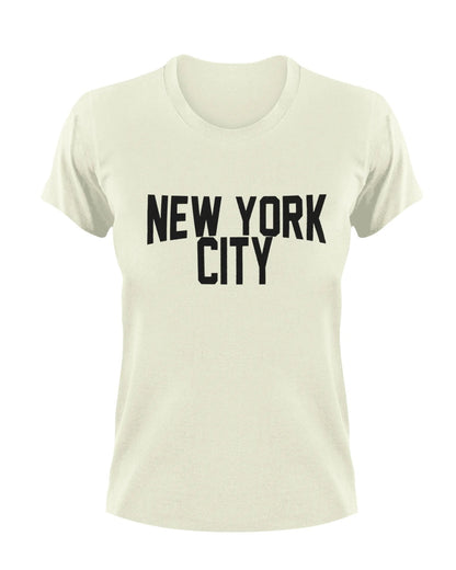 Beige t-shirt with 'New York City' text on a white background