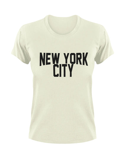 Beige t-shirt with 'New York City' text on a white background