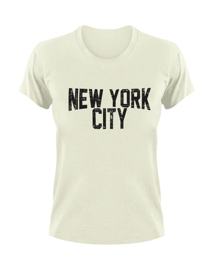 Beige t-shirt with distressed 'New York City' text on a white background