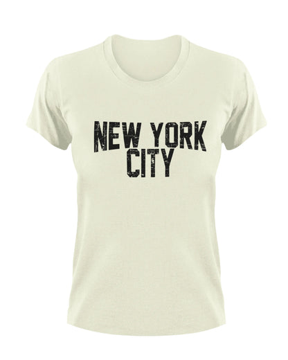 Beige t-shirt with distressed 'New York City' text on a white background