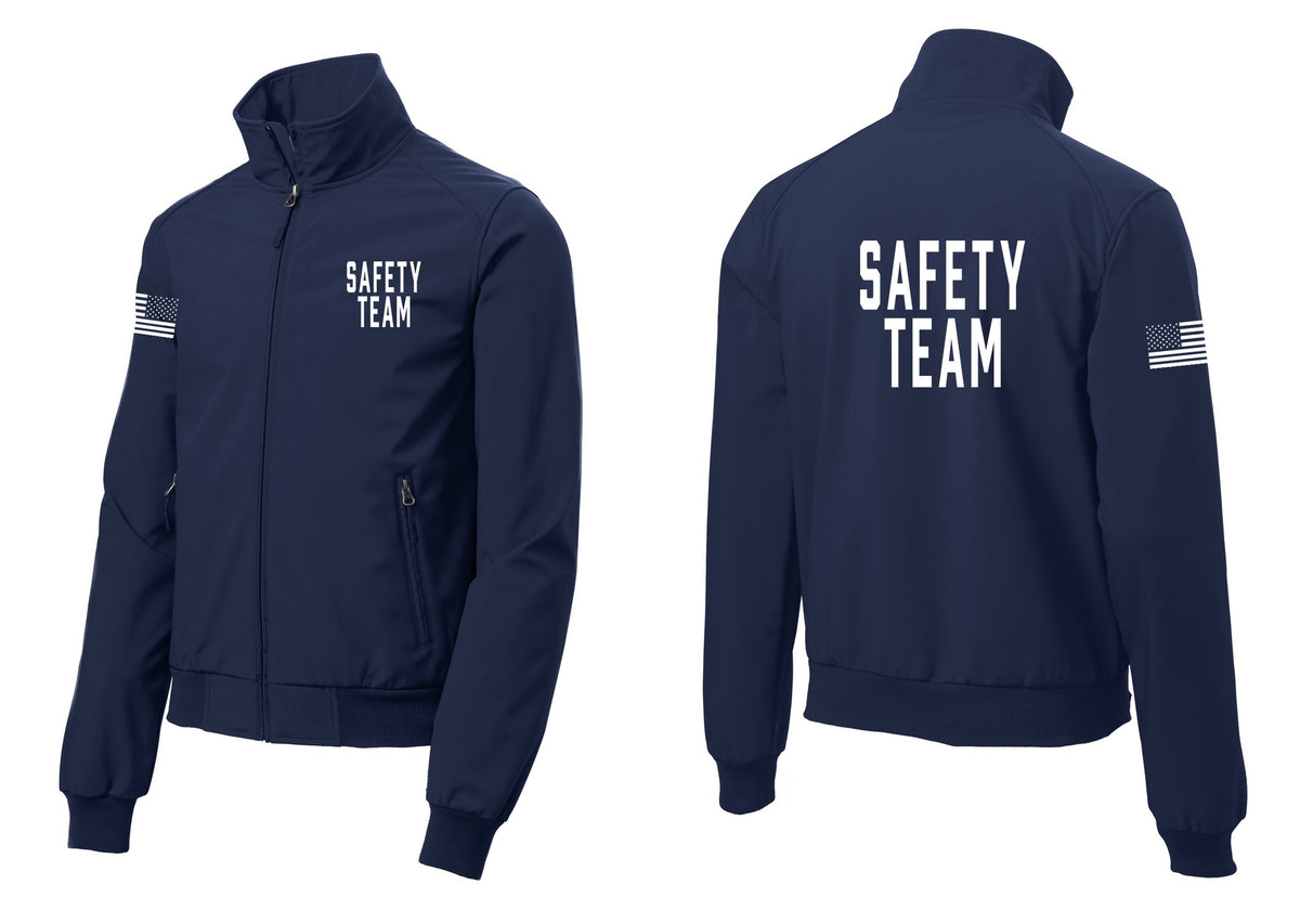 NYC Factory Safety Team Soft Shell Bomber Jacket (Classic) - Chest + Back + US Flag Sleeve - Dress Blue Navy