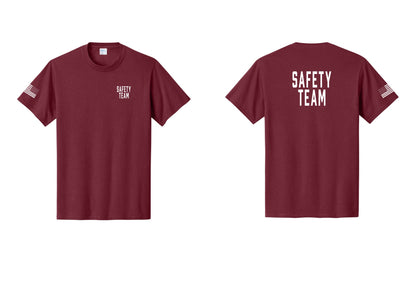 NYC Factory Safety Team T-Shirt for Events, Venues & Volunteers (Classic) - Chest + Back + US Flag Sleeve - Cardinal