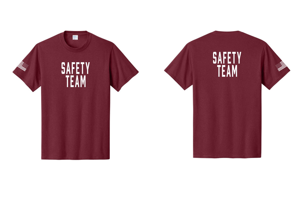 NYC Factory Safety Team T-Shirt for Events, Venues & Volunteers (Classic) - Front + Back + US Flag Sleeve - Cardinal