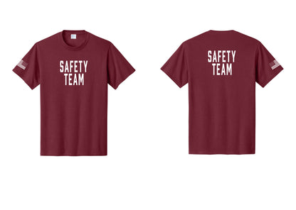 NYC Factory Safety Team T-Shirt for Events, Venues & Volunteers (Classic) - Front + Back + US Flag Sleeve - Cardinal