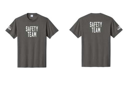 NYC Factory Safety Team T-Shirt for Events, Venues & Volunteers (Classic) - Front + Back + US Flag Sleeve - Charcoal