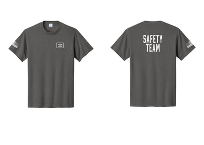 NYC Factory Custom Logo Safety Team T-Shirt for Events, Venues & Volunteers (Classic) - Your Logo + Back + US Flag Sleeve - Charcoal