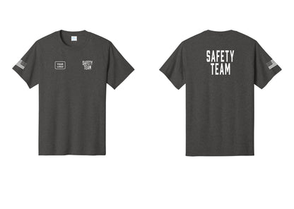 NYC Factory Custom Logo Safety Team T-Shirt for Events, Venues & Volunteers (Classic) - SAFETY TEAM + Your Logo + Back + US Flag Sleeve - Dark Heather Grey