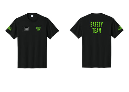 NYC Factory Custom Logo Safety Team T-Shirt for Events, Venues & Volunteers (Classic) - SAFETY TEAM + Your Logo + Back + US Flag Sleeve - Black / Neon