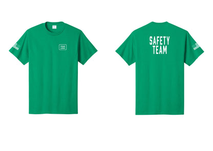NYC Factory Custom Logo Safety Team T-Shirt for Events, Venues & Volunteers (Classic) - Your Logo + Back + US Flag Sleeve - Kelly