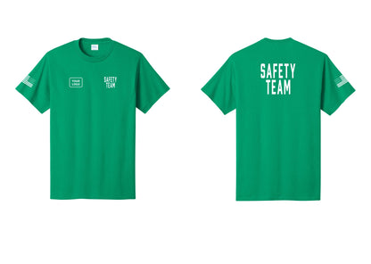 NYC Factory Custom Logo Safety Team T-Shirt for Events, Venues & Volunteers (Classic) - SAFETY TEAM + Your Logo + Back + US Flag Sleeve - Kelly