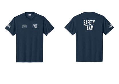 NYC Factory Custom Logo Safety Team T-Shirt for Events, Venues & Volunteers (Classic) - SAFETY TEAM + Your Logo + Back + US Flag Sleeve - Navy